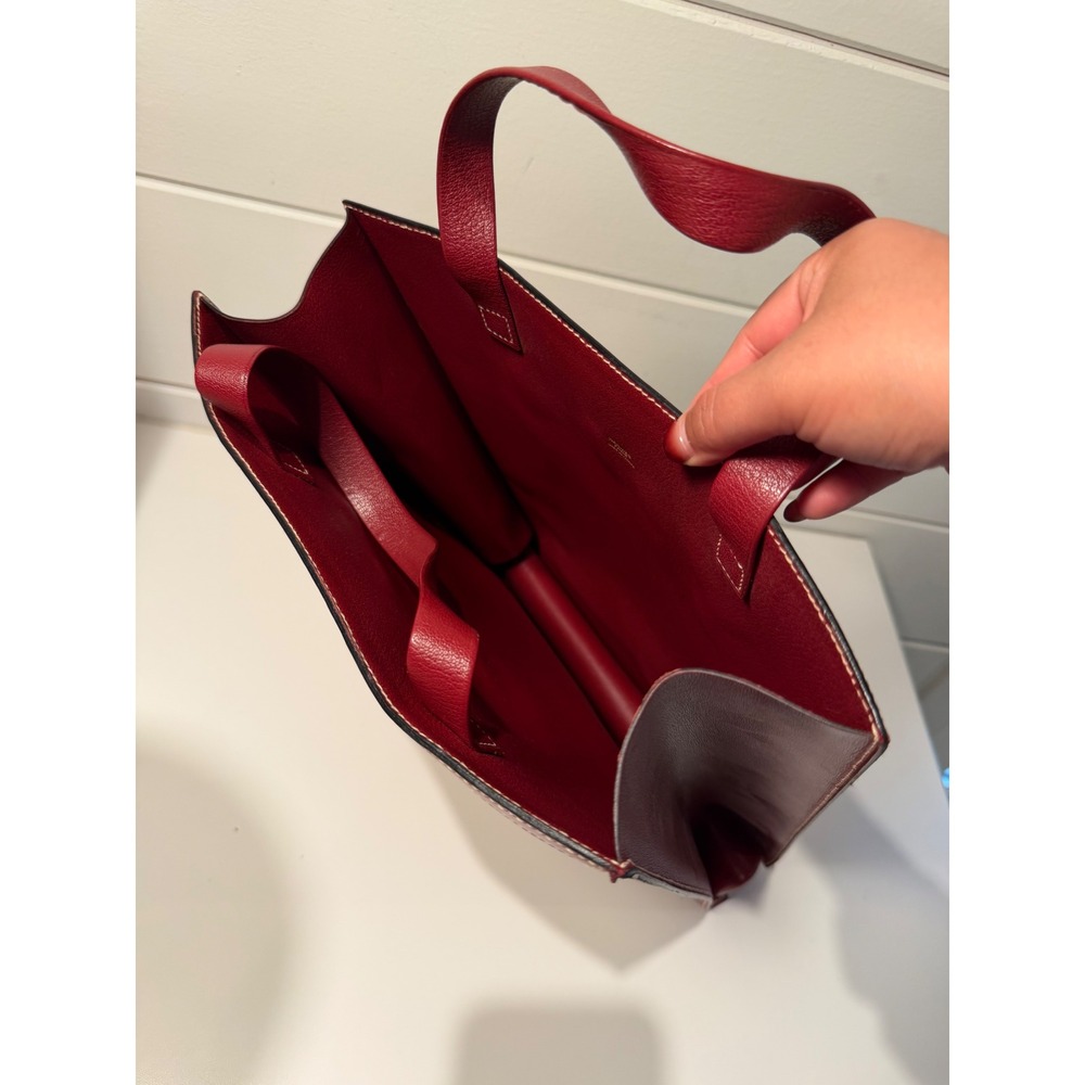 Hermes Vintage Tote Bag Burgundy Red Leather Woven Textile Striped Made in Franc - Picture 6 of 11